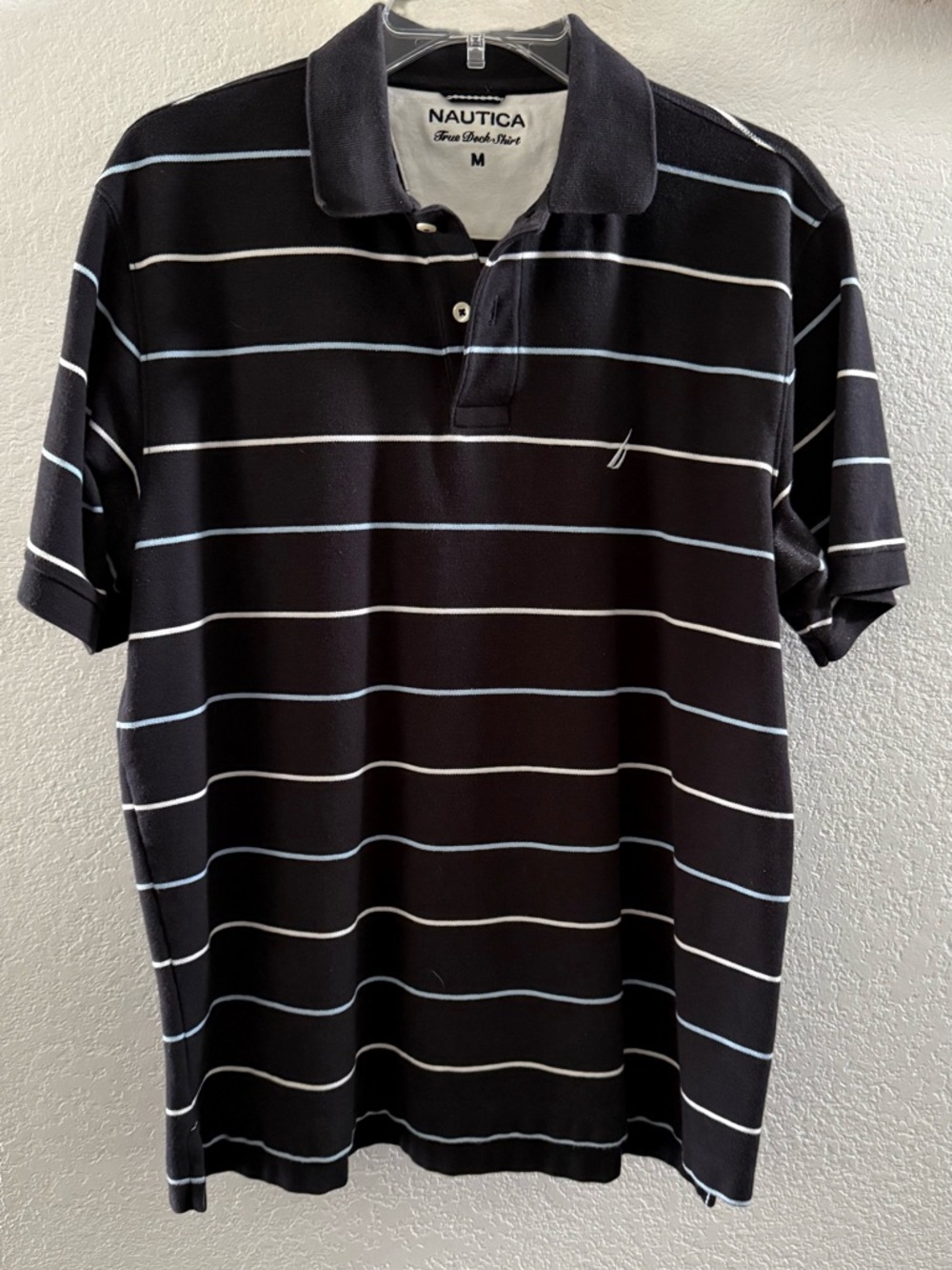 Nautica Black Polo with White and Light Blue Stripes